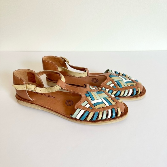 Leon & Harper Boho Genuine Leather Turquoise Sandals Earthy Goblincore Natural - Picture 4 of 6